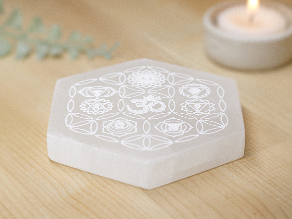 Om Satin Spar Selenite Charging Plate At Surrender To Happiness