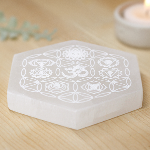 Om Satin Spar Selenite Charging Plate At Surrender To Happiness